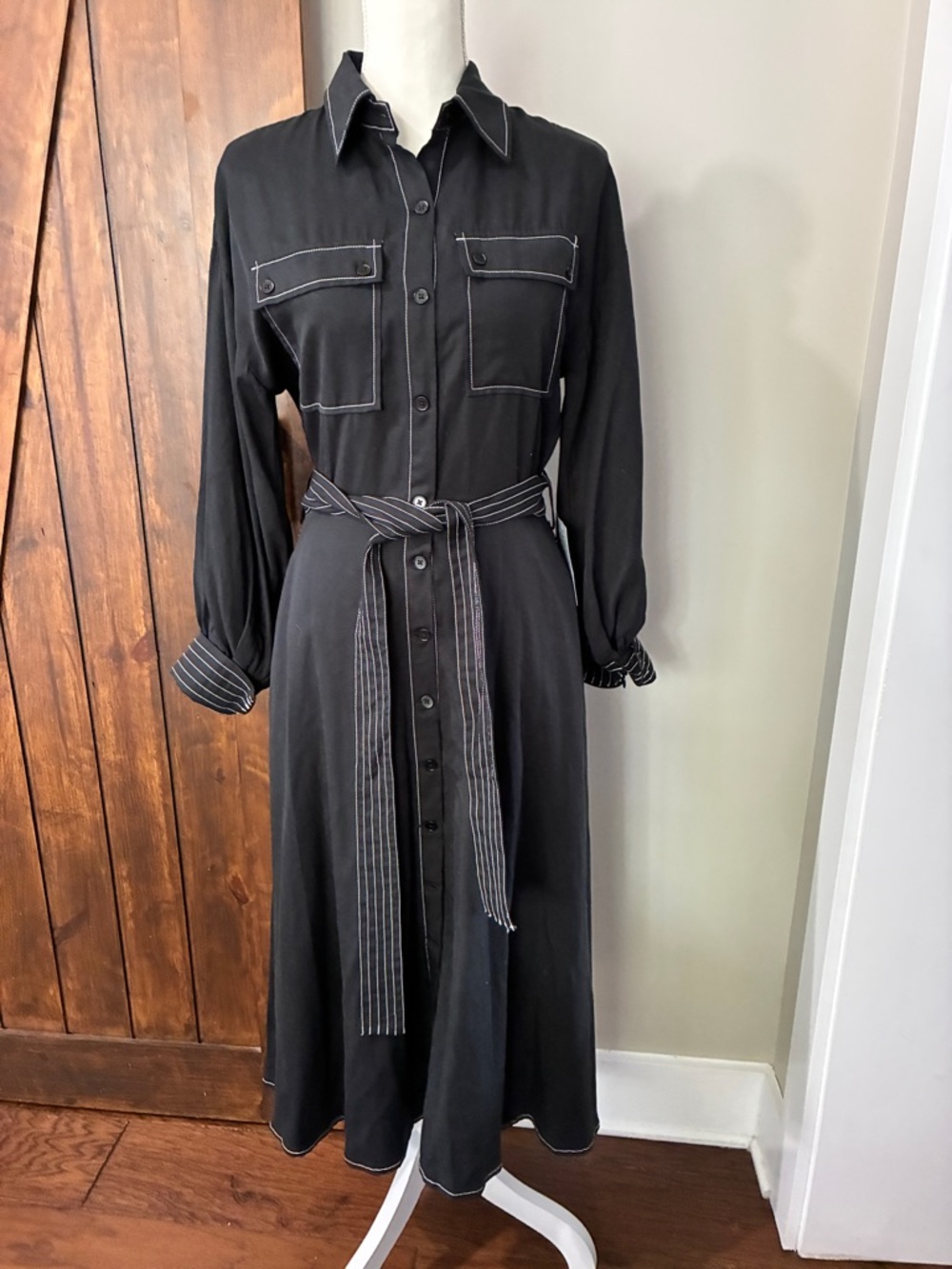 CIEBON Janie Topstitch Tie Waist Long Sleeve Midi Dress Size S NEW WITH TAGS